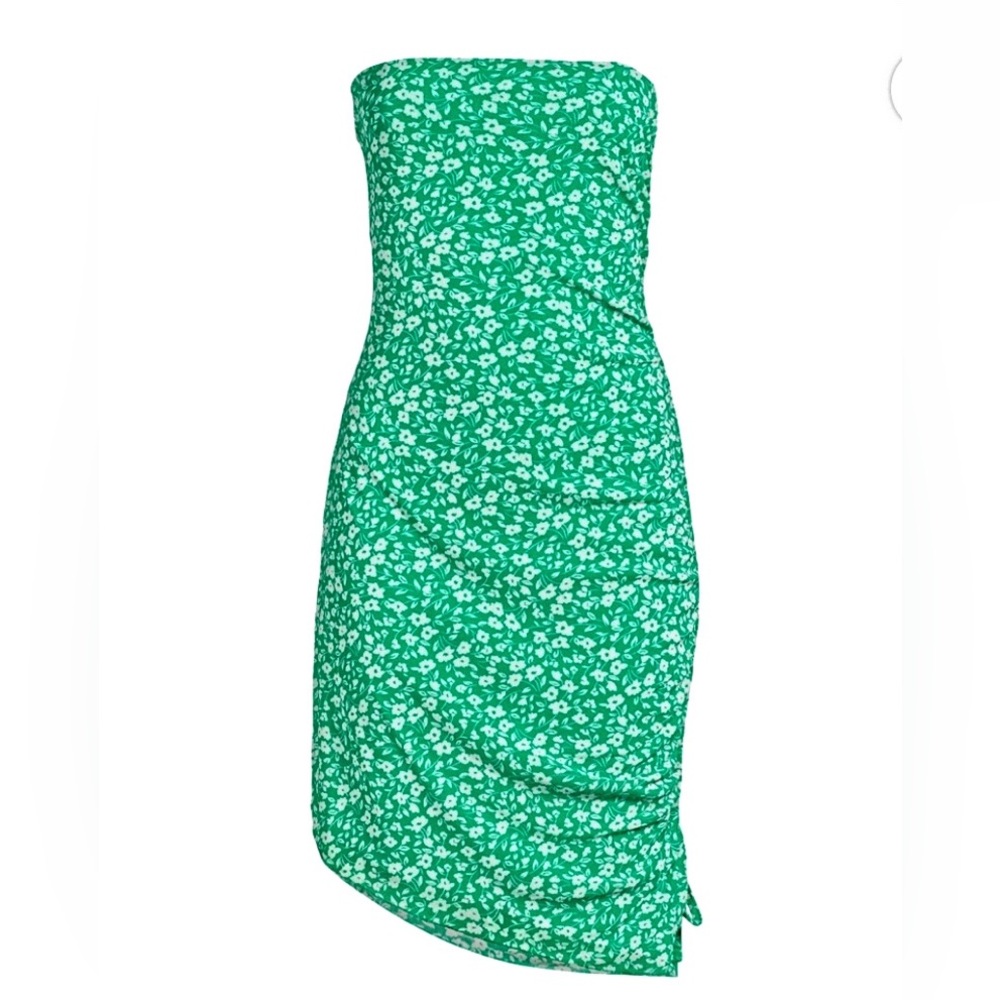 Green floral strapless or strap asymmetrical rushed dresss